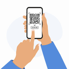 QR code scanning concept banner. Male hand holding Mobile phone with qr code on screen. Flat style illustration. 