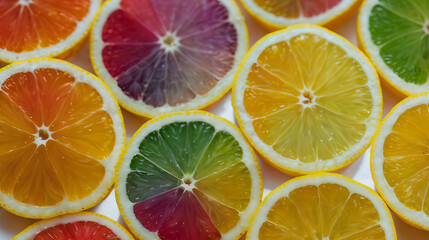 Citrus fruits slices background, colorful lemons, oranges, limes, grapefruits. Banner, header with juicy, fresh citruses for summer. Generative AI.