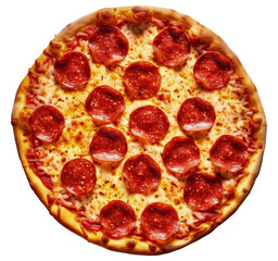 tasty pepperoni pizza shot down on isolated transparent background made with generative AI
 - obrazy, fototapety, plakaty