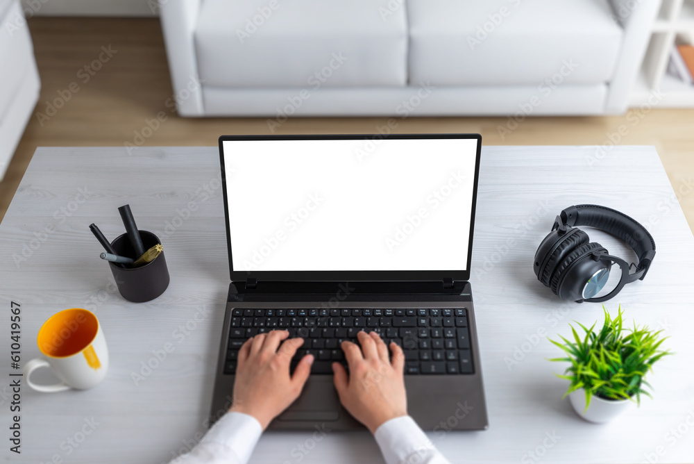 Poster Laptop computer with isolated display on office desk. Top view composition