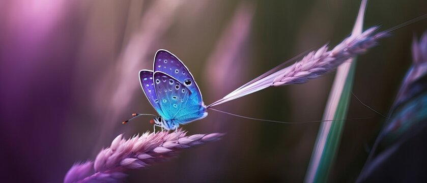 Beautiful blue butterfly on blade of grass in nature with a soft focus on blurred purple background beautiful bokeh. Magic dreamy artistic image for wallpaper template background design card.