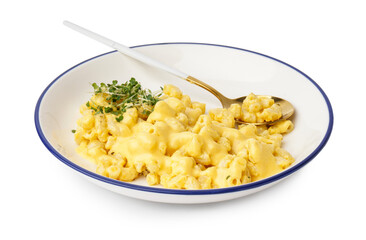 Bowl of tasty Italian pasta with Cheddar cheese on white background