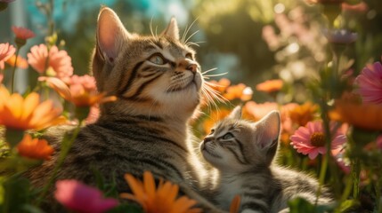 Obraz premium A mother cat sitting with her baby in a field full of flowers ai generative