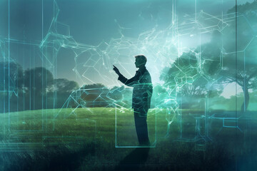 a scientist holds a hand in a field and a computer screen, in the style of light teal and light gray, medical themes, kinetic lines and curves, sharp focus, machine-like precision, silhouette figures,