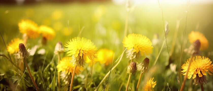 Beautiful flowers of yellow dandelions in nature in warm summer or spring on meadow in sunlight, macro. Dreamy artistic image of beauty of nature. Soft focus