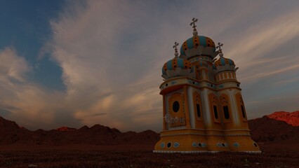 Orange church in the middle of the desert