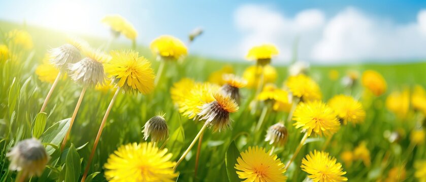 Beautiful flowers of yellow dandelions in nature in warm summer or spring on meadow against blue sky, macro. Dreamy artistic image of beauty of environment