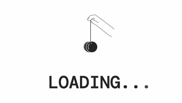 Animated bw hand with yoyo loader. Playing toy animation. Stress relief. Yo yo hand. Flash message 4K video footage. Isolated monochrome loading, alpha channel transparency for UI, UX web design