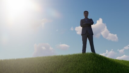 Happy Businessman outdoors on a grassy hill