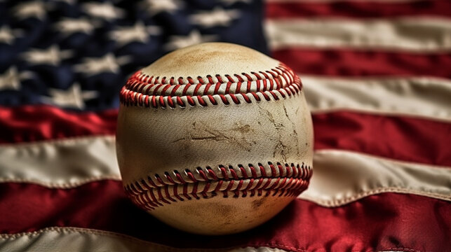 Leather Baseball on American Flag Generative AI