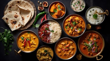 Top view of assorted indian curry and rice dishes ai generative - obrazy, fototapety, plakaty