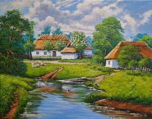 Fototapeta premium Landscape,oil painting on canvas. Ukraine, house in the forest and river, landscape with a pond and trees
