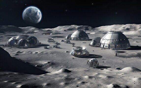 Futuristic space base settled over the surface of the moon. 