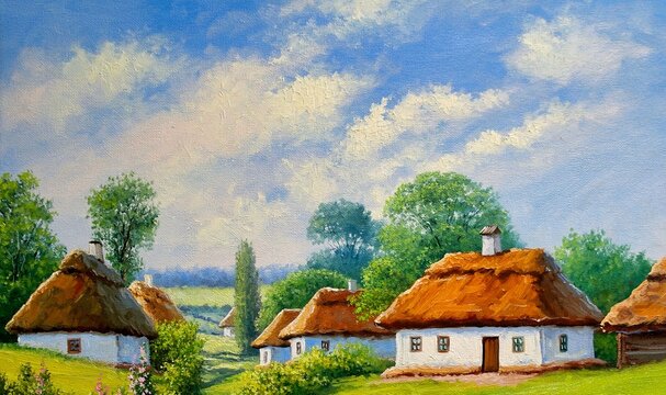 Landscape,oil painting on canvas. Ukraine, house in the forest and river, landscape with a pond and trees