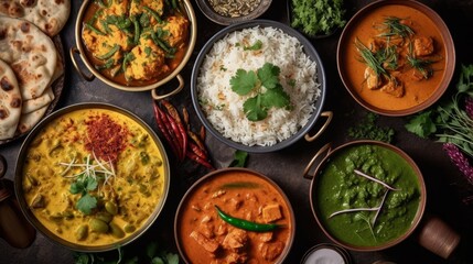 Top view of assorted indian curry and rice dishes ai generative - obrazy, fototapety, plakaty