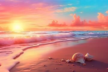 Obraz na płótnie Canvas Sunrise at the beach papercut illustration - Generative AI.