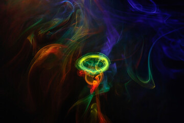 Green and red incense smoke ring under prism light flowing inside ethereal colorful smokey scene...