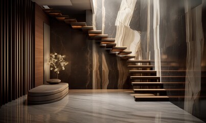 Fototapeta premium Modern interior with stairs, white furniture, and brushed, in the style of dark beige and bronze Illustration AI Generative.