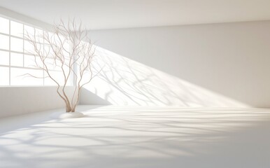Shadow texture with white walls and trees on a white floor, Illustration AI Generative.