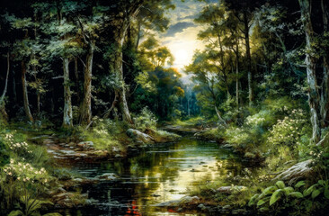 painting of a stunning river landscape surrounded by trees during sunset