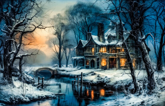 painting of a dramatic sunset on the river with an old house and trees during winter