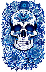 Blue and white skull and flowers. Generative AI.