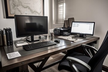 Interior of a modern office with black computer and black chair. A real estate office desk organized with various office stationeries, like pens, notepads, folders, and computer