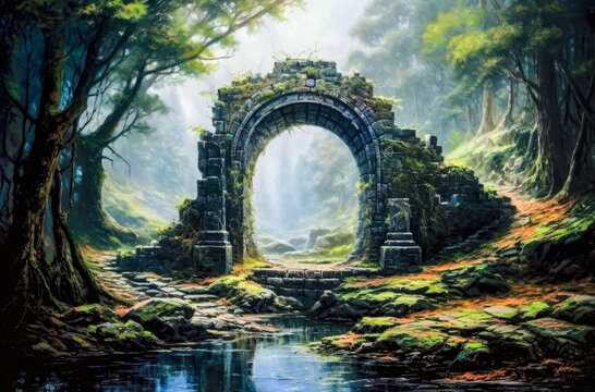 Painting Of An Ancient Portal Landmark With A Path In A Misty Forest During Sunset
