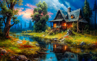 Fototapeta na wymiar painting of an old house in ruins, river and trees as surrounding during misty sunset