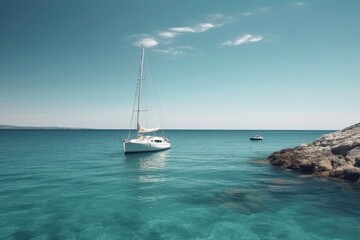 Fototapeta premium Sailing boat on the turquoise water of the Mediterranean Sea, A small yacht gracefully sailing on the tranquil waters of a beautiful ocean on a sunny day, AI Generated