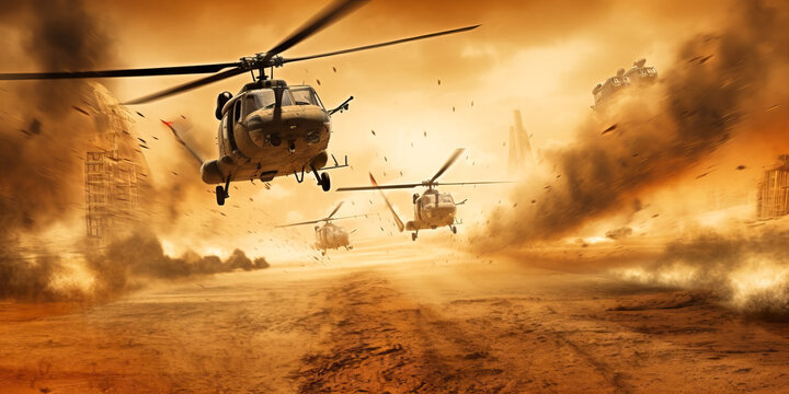 Fantasy Image, Battleground Inferno.  Captivating Image of Military Choppers Engulfed in Crossfire and Smoke Amidst a War Zone.  Generative AI.
