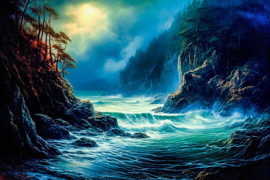 painting of a stunning ocean shore landscape surrounded by trees and mist during sunset