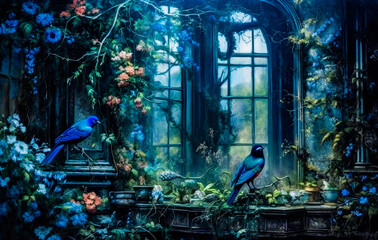 painting of an old overgrown greenhouse with 2 birds in a dystopic future