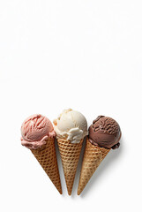Set of three various flavor ice cream scoops in waffle cones isolated on white background, copy space, illustration created with Generative AI technology