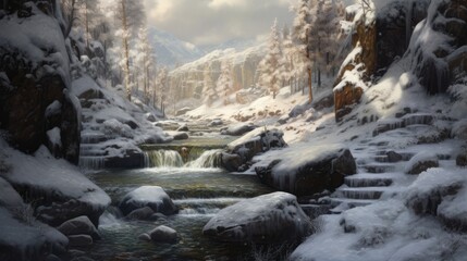 A winter landscape shot of a river between two