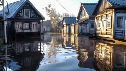 Fototapeta na wymiar high water in the village.Flooding of houses and villages. Generative AI