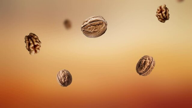 Falling walnuts in a nutshell falling in slow motion, 3d render, food background. 