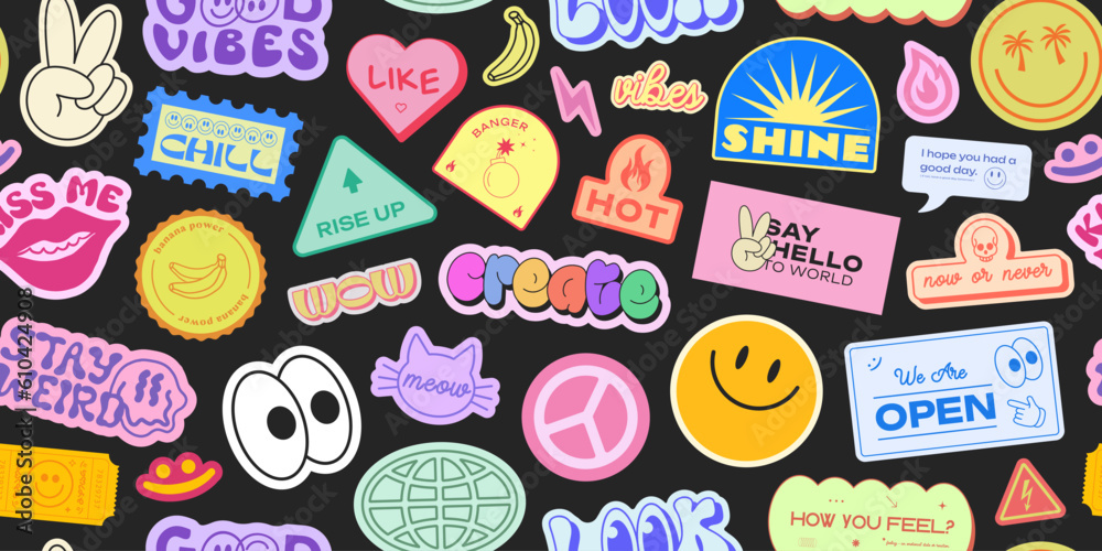 Aufkleber cool stickers collage y2k seamless pattern. trendy patches background retro style. pop art graphic e