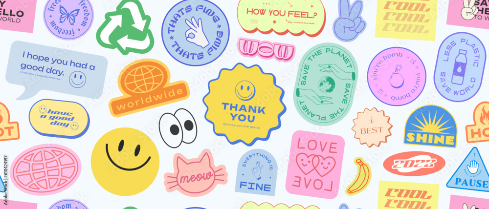 Poster cool stickers collage y2k seamless pattern. trendy patches background retro style. pop art graphic e