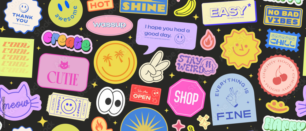 Poster cool stickers collage y2k seamless pattern. trendy patches background retro style. pop art graphic e