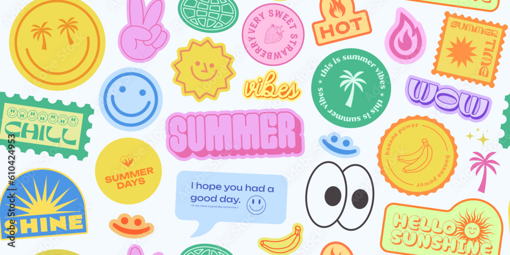 Aufkleber cool stickers collage y2k seamless pattern. trendy patches background retro style. pop art graphic e