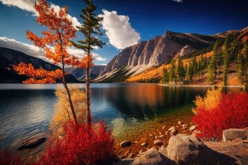 Indian summer in the Canadian Rocky Mountains. The Lake Vermillon shoreline is covered with red, yellow, and orange vegetation. Lakes and mountains covered with golden fall leaves. Generative AI - obrazy, fototapety, plakaty
