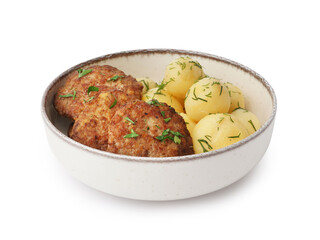 Bowl with cutlets, boiled baby potatoes and dill on white background