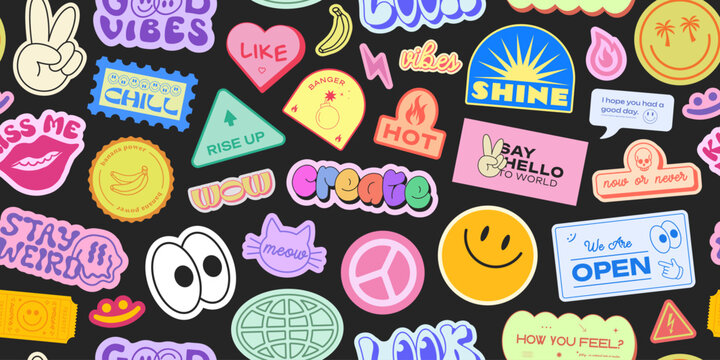 Cool Stickers Collage Y2K Seamless Pattern. Trendy patches background retro style. Pop Art Graphic Elements.
