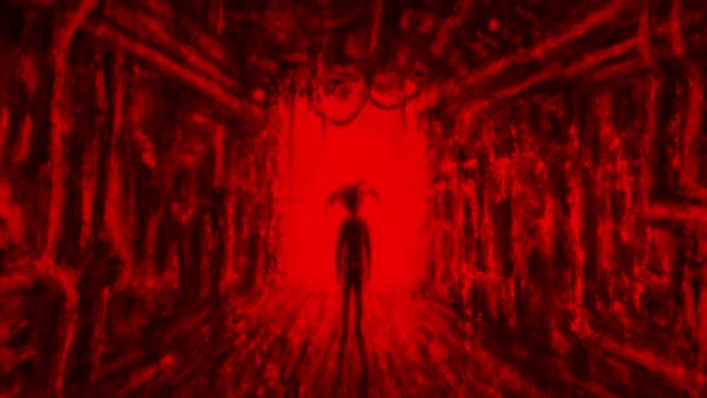 Scary animation with devilish character. Small girl walks along dark corridor and creepy smiles, revealing her skull. Motion graphics in horror fiction genre. Red and black background for Halloween.