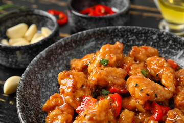 Bowl with tasty sweet and sour chicken on dark wooden background, closeup