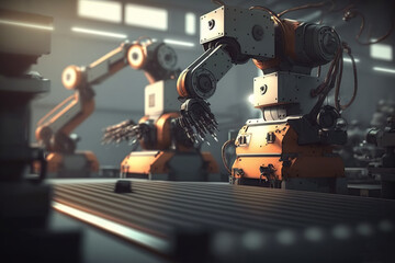 Fototapeta premium Robotic mechanisms on the background of the factory. Created using Generative AI technology.