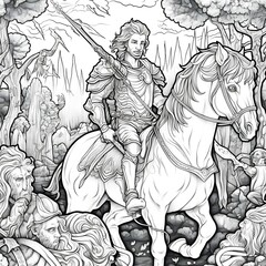 Fototapeta na wymiar a black and white illustration of a centaur scene from an original D D adventure for coloring. lineart. coloring book. intricate details. crisp lines. printable outline art. No fill. No shading.