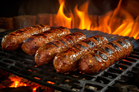 Flame-kissed flavor, traditional South African braai borewors sausage on fire Generative AI