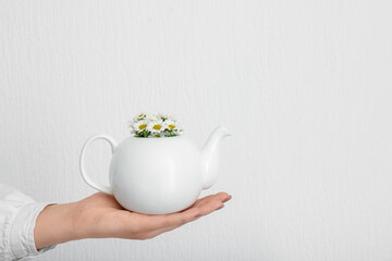 Fototapeta na wymiar Female hand with teapot of chamomile tea and flowers near white wall